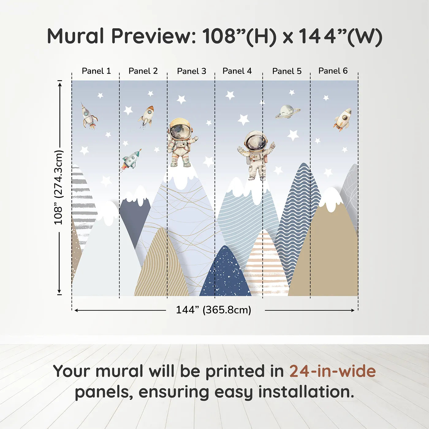 Whimsy Tots Astronaut Mountain Toppers Wall Muraldimension view (108" H x 144" W). Printed in six 24-inch-wide panels. Gender-Neutral