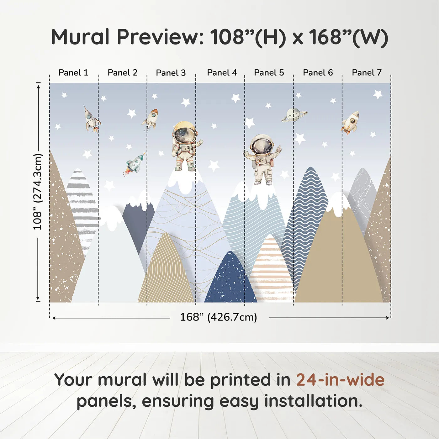 Whimsy Tots Astronaut Mountain Toppers Wall Muraldimension view (108" H x 168" W). Printed in seven 24-inch-wide panels. Gender-Neutral