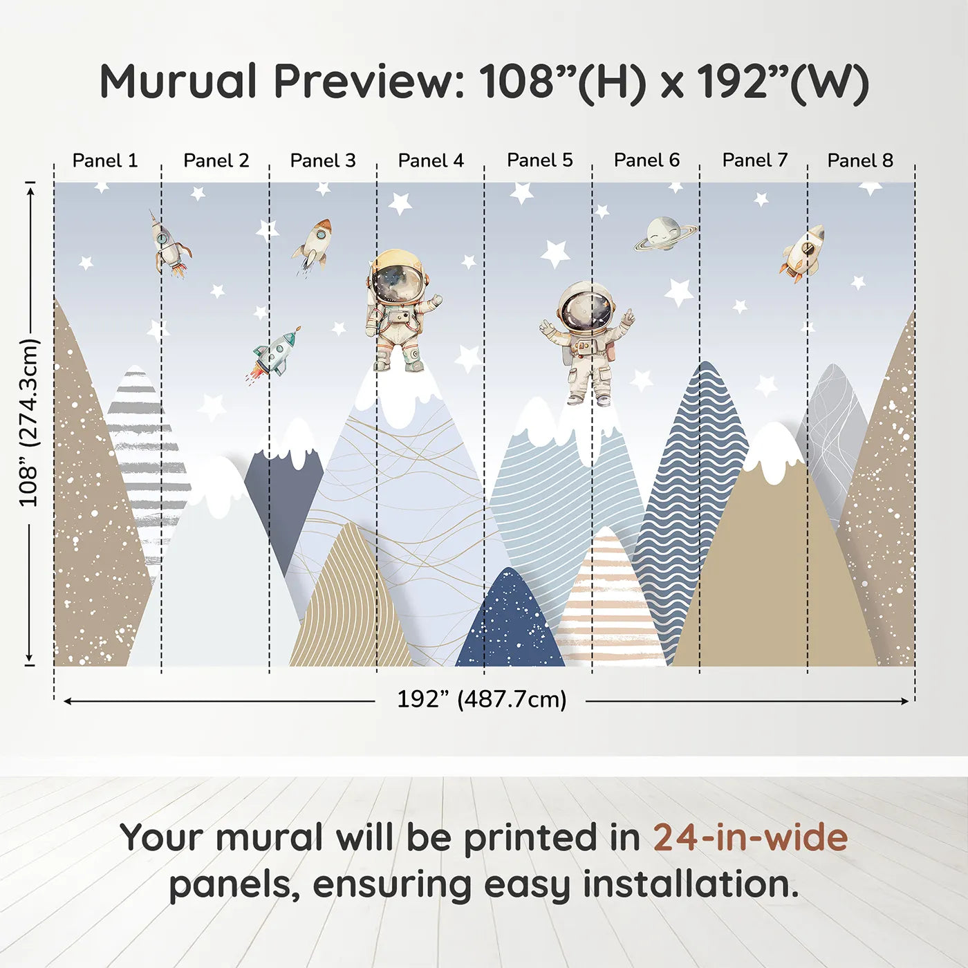 Whimsy Tots Astronaut Mountain Toppers Wall Muraldimension view (108" H x 192" W). Printed in eight 24-inch-wide panels. Gender-Neutral