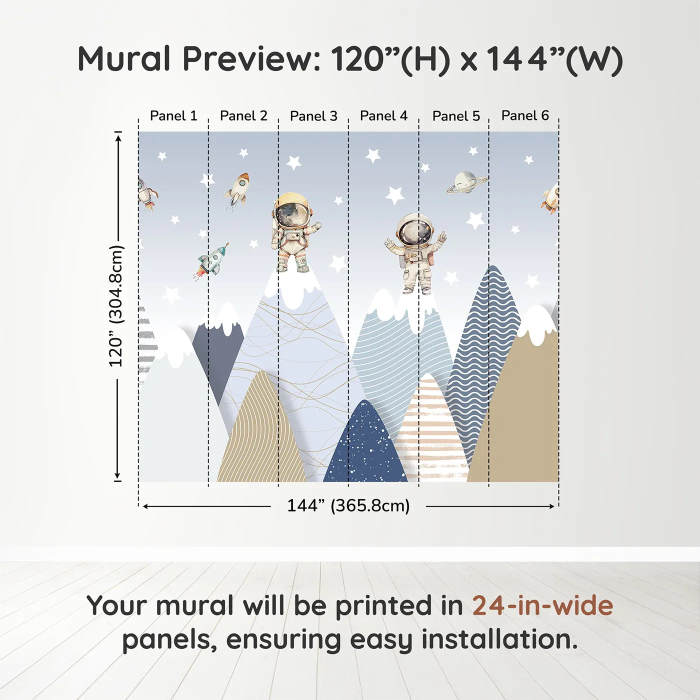 Whimsy Tots Astronaut Mountain Toppers Wall Muraldimension view (120" H x 144" W). Printed in six 24-inch-wide panels. Gender-Neutral