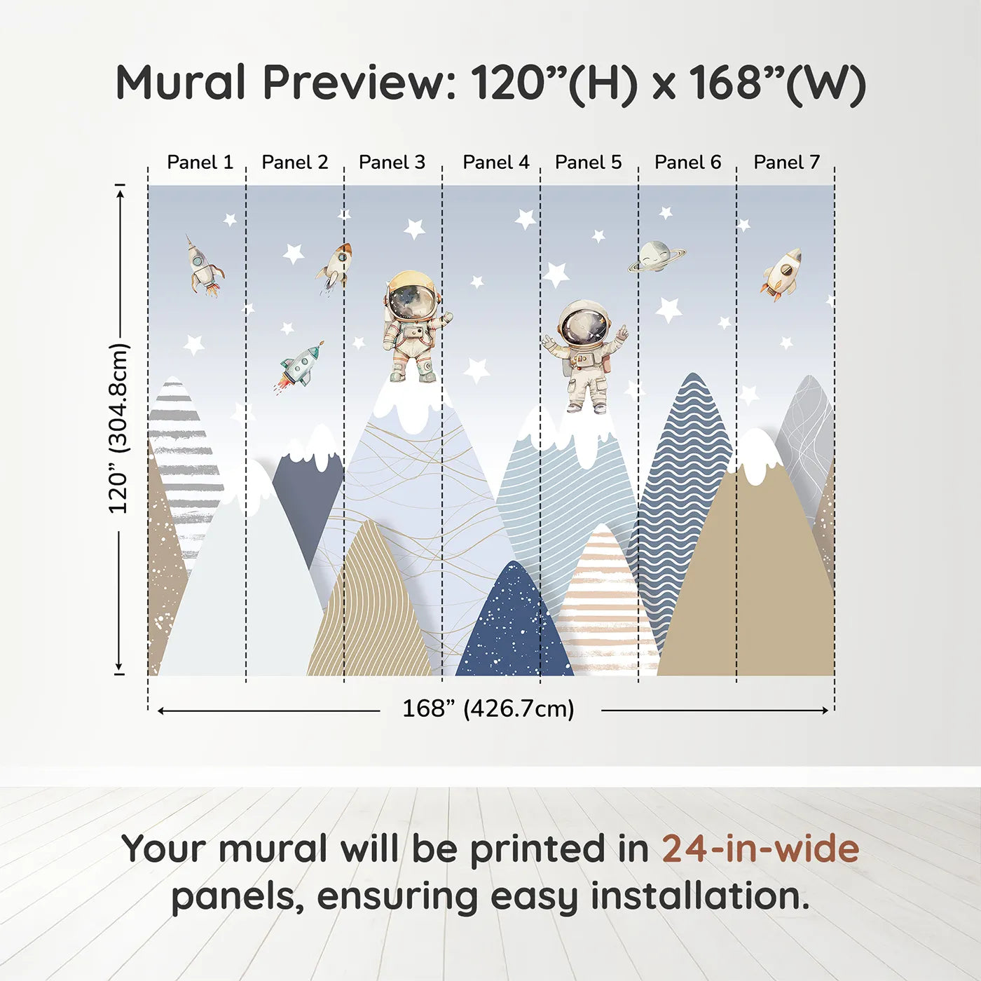 Whimsy Tots Astronaut Mountain Toppers Wall Muraldimension view (120" H x 168" W). Printed in seven 24-inch-wide panels. Gender-Neutral