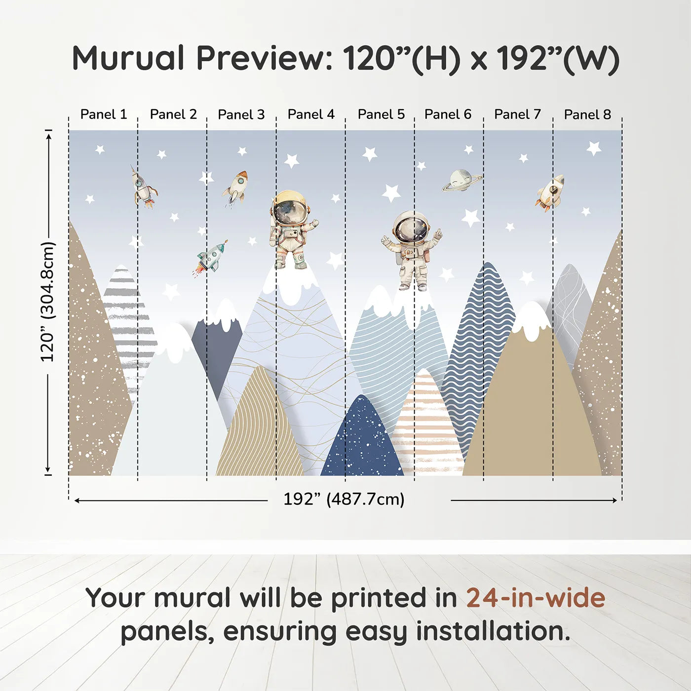 Whimsy Tots Astronaut Mountain Toppers Wall Muraldimension view (120" H x 192" W). Printed in eight 24-inch-wide panels. Gender-Neutral