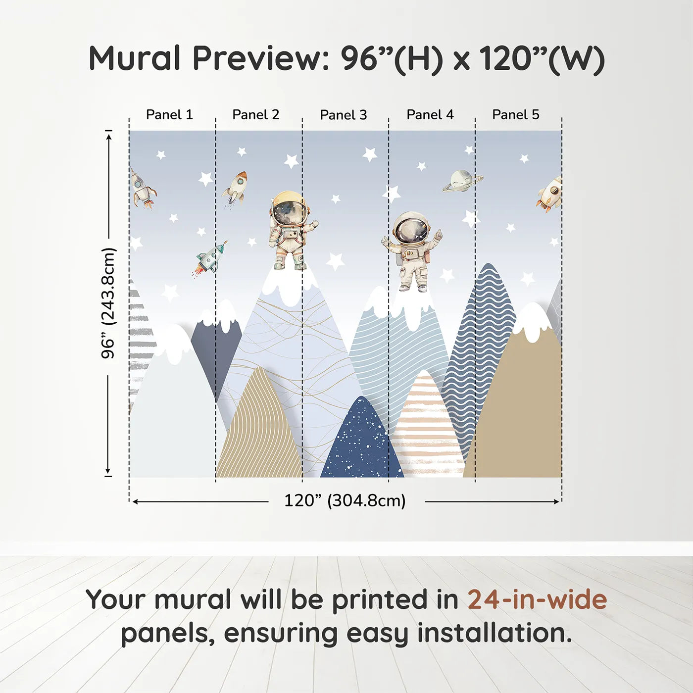 Whimsy Tots Astronaut Mountain Toppers Wall Muraldimension view (96" H x 120" W). Printed in five 24-inch-wide panels. Gender-Neutral