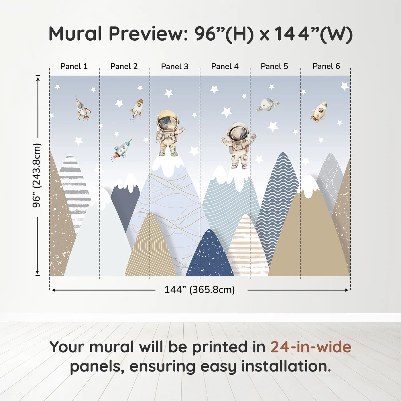 Whimsy Tots Astronaut Mountain Toppers Wall Muraldimension view (96" H x 144" W). Printed in six 24-inch-wide panels. Gender-Neutral
