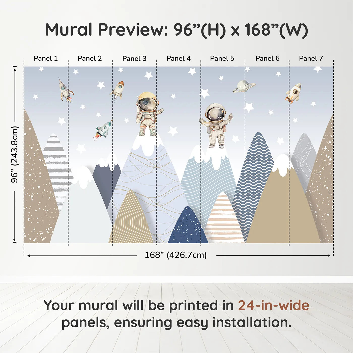 Whimsy Tots Astronaut Mountain Toppers Wall Muraldimension view (96" H x 168" W). Printed in seven 24-inch-wide panels. Gender-Neutral