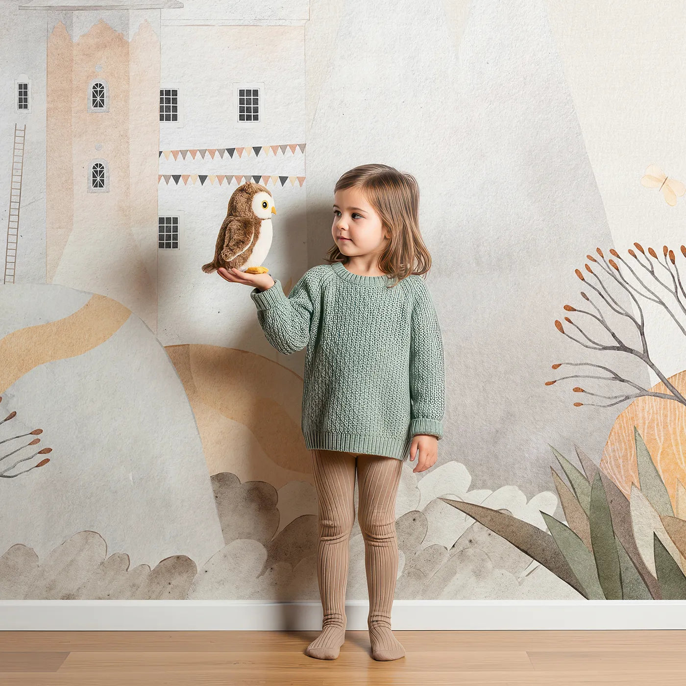 Child in front of Whimsy Tots Autumn Castle Wall Mural with castle, whimsical, watercolor, adventure, tree, fantasy, cute, autumn in design.