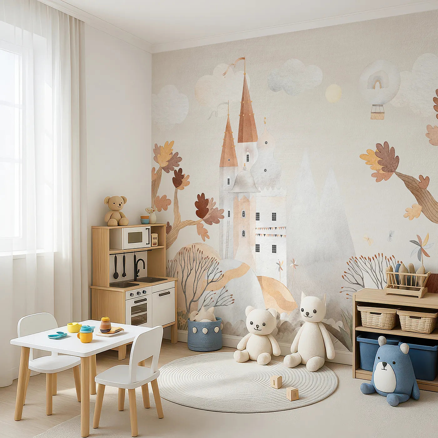 Angled view of Whimsy Tots' Autumn Castle Wall Mural (Turn Their Room into a Whimsical, Storybook Kingdom).Gender-Neutral