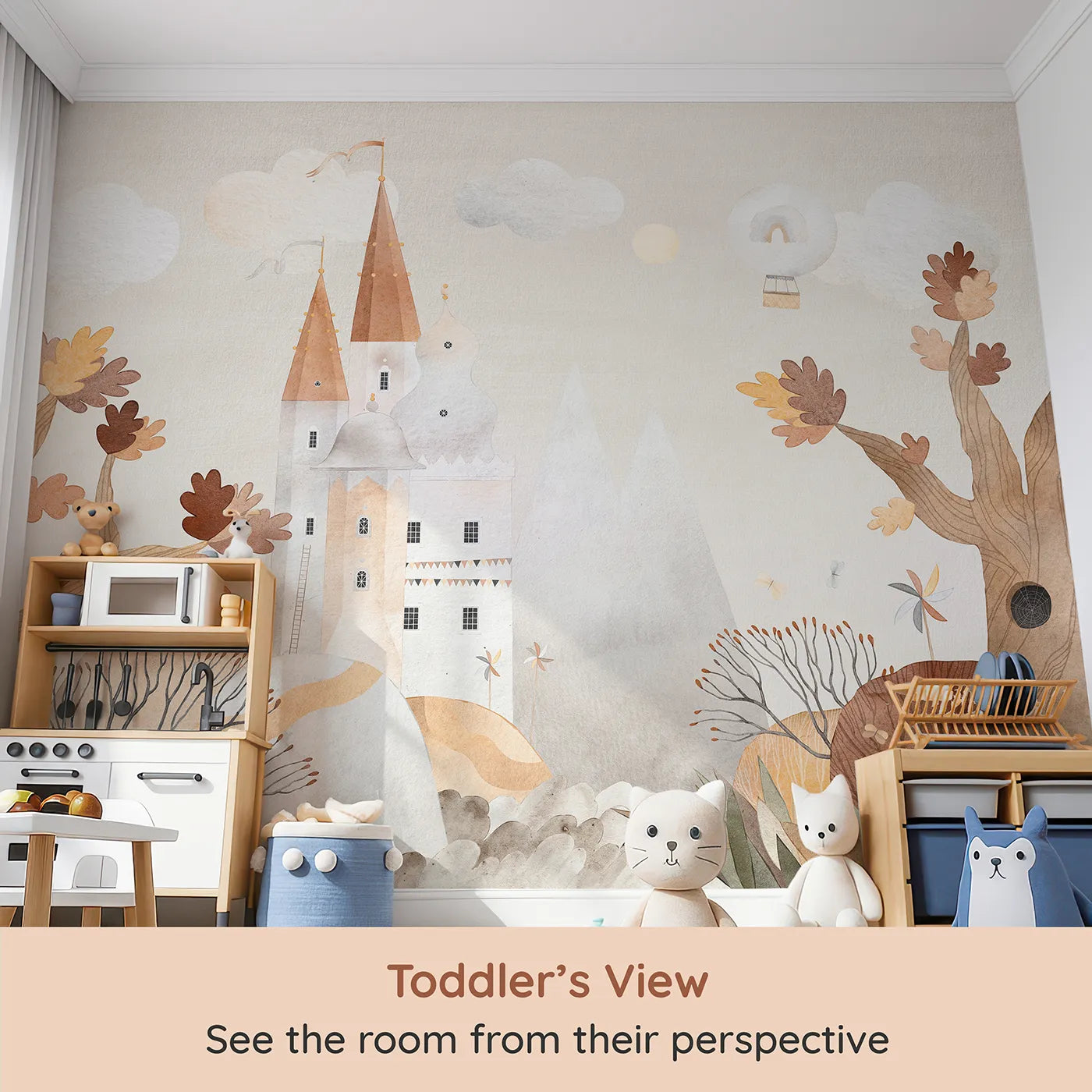 Whimsy Tots Autumn Castle Wall Mural (Turn Their Room into a Whimsical, Storybook Kingdom) from your child's view.Gender-Neutral