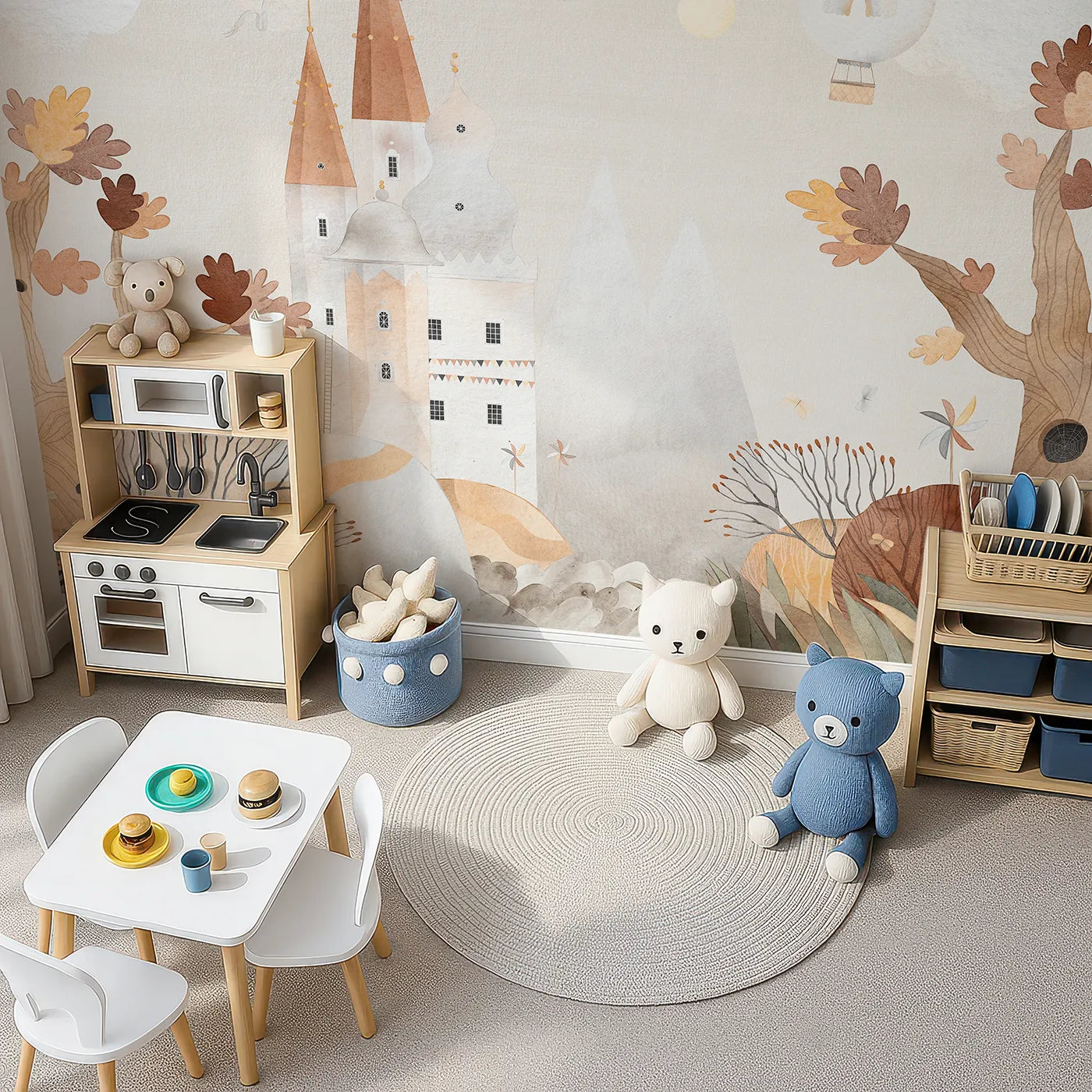 Top-down view of Whimsy Tots' Autumn Castle Wall Mural (Turn Their Room into a Whimsical, Storybook Kingdom).Gender-Neutral