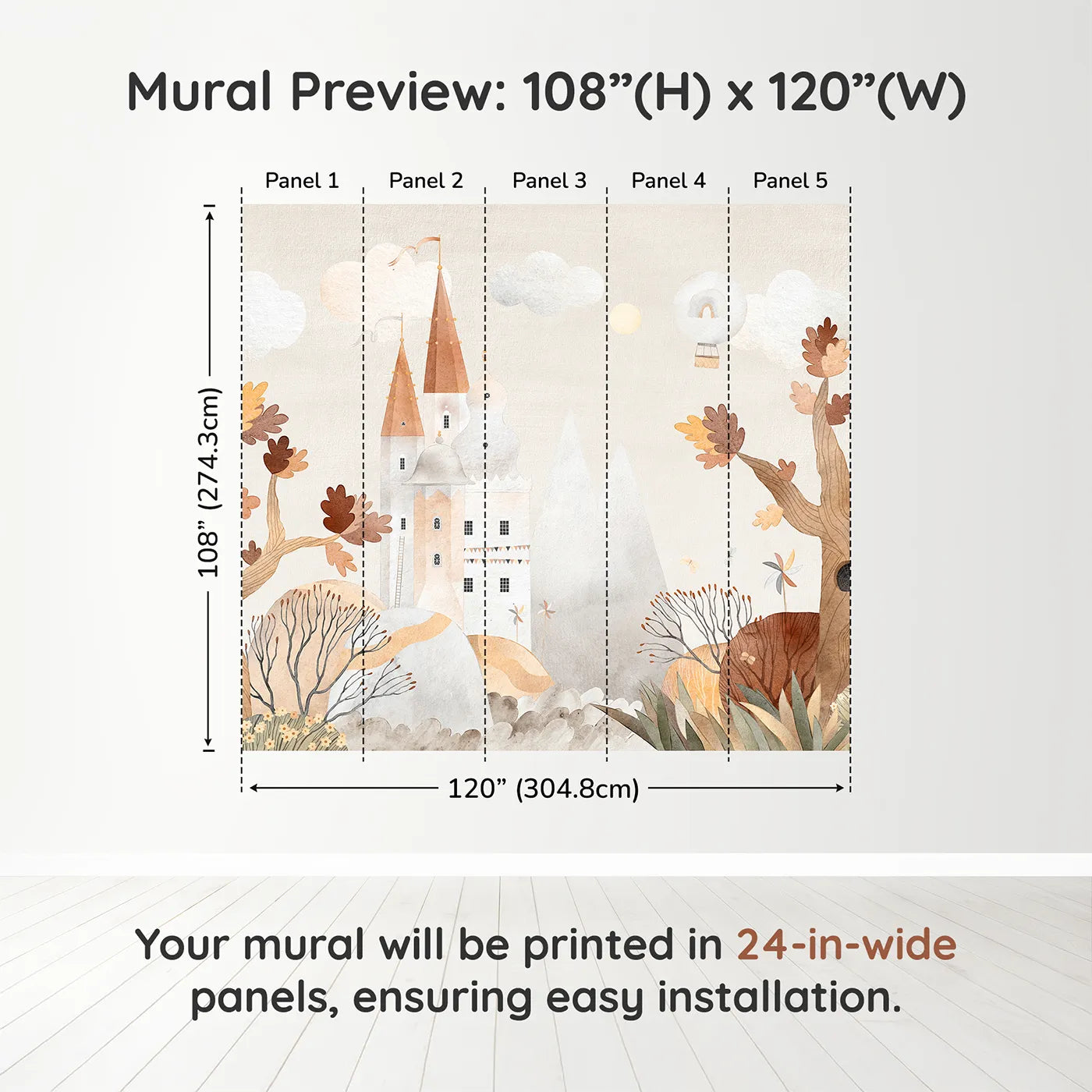 Whimsy Tots Autumn Castle Wall Muraldimension view (108" H x 120" W). Printed in five 24-inch-wide panels. Gender-Neutral