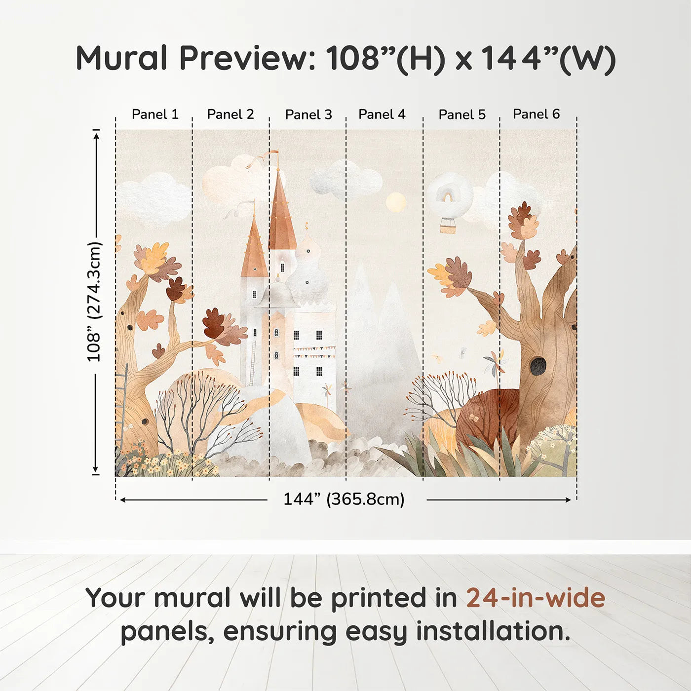 Whimsy Tots Autumn Castle Wall Muraldimension view (108" H x 144" W). Printed in six 24-inch-wide panels. Gender-Neutral