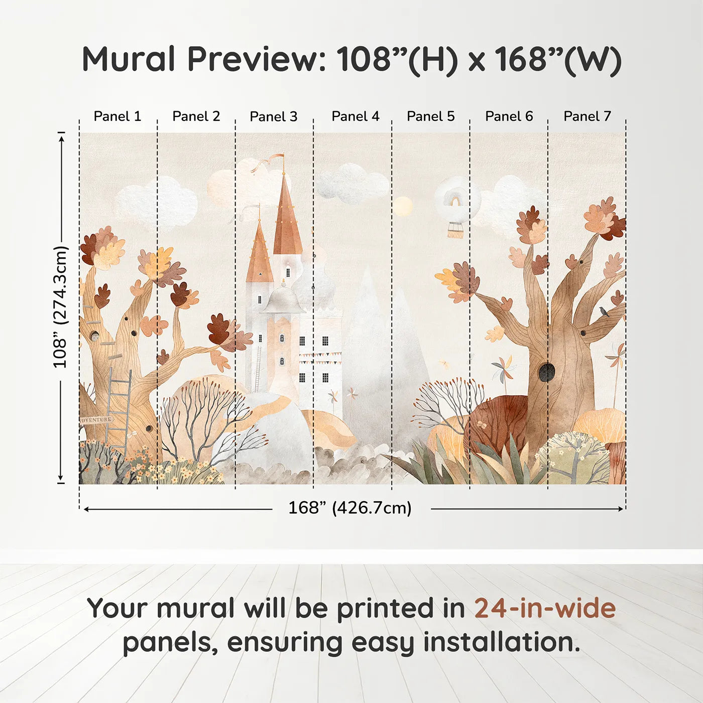 Whimsy Tots Autumn Castle Wall Muraldimension view (108" H x 168" W). Printed in seven 24-inch-wide panels. Gender-Neutral