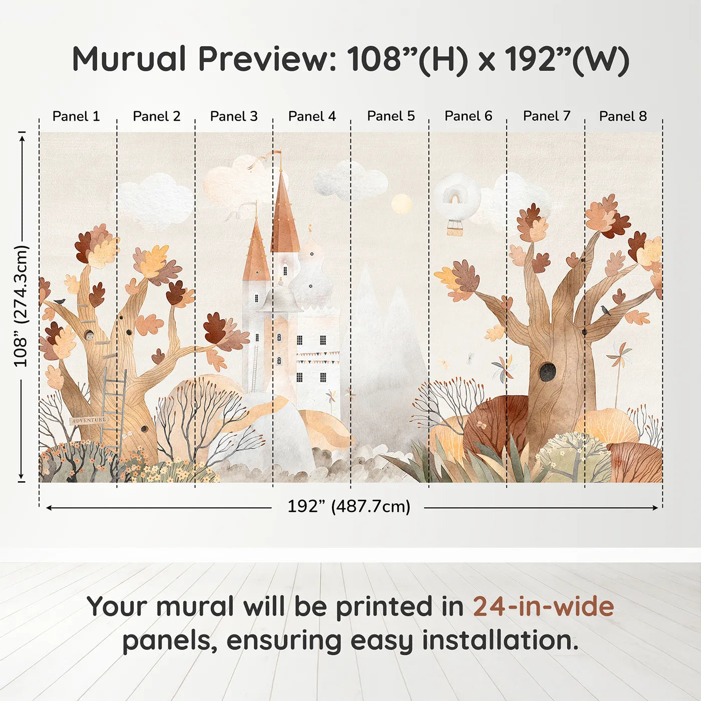 Whimsy Tots Autumn Castle Wall Muraldimension view (108" H x 192" W). Printed in eight 24-inch-wide panels. Gender-Neutral