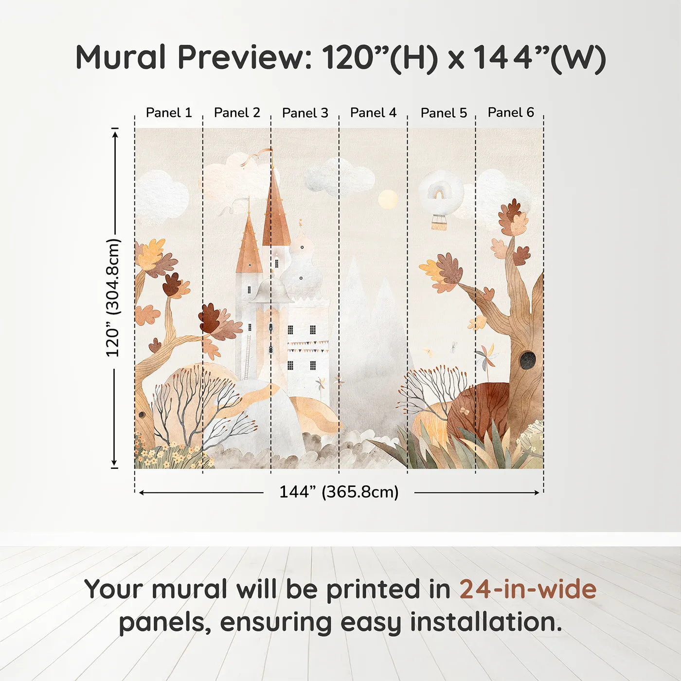 Whimsy Tots Autumn Castle Wall Muraldimension view (120" H x 144" W). Printed in six 24-inch-wide panels. Gender-Neutral