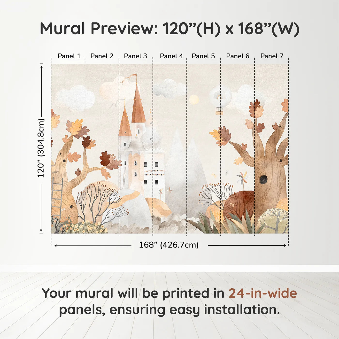 Whimsy Tots Autumn Castle Wall Muraldimension view (120" H x 168" W). Printed in seven 24-inch-wide panels. Gender-Neutral