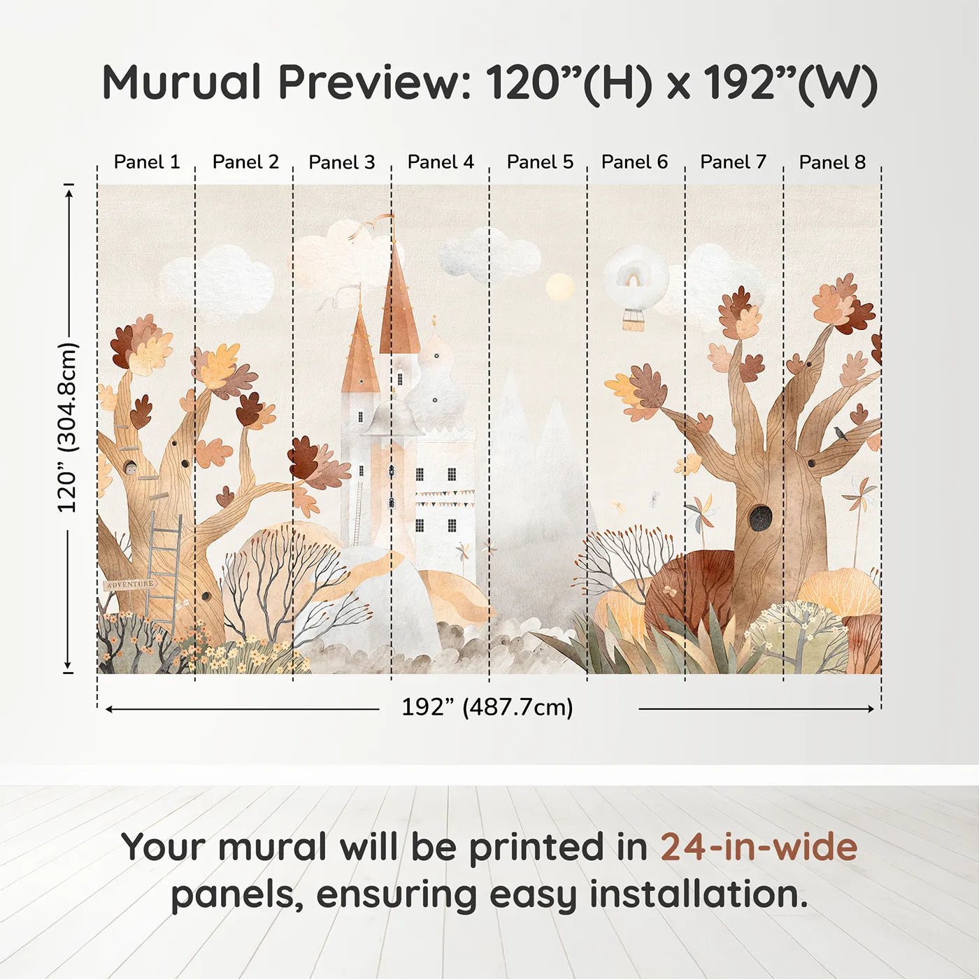 Whimsy Tots Autumn Castle Wall Muraldimension view (120" H x 192" W). Printed in eight 24-inch-wide panels. Gender-Neutral