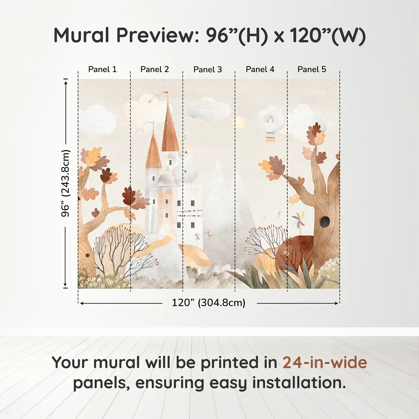 Whimsy Tots Autumn Castle Wall Muraldimension view (96" H x 120" W). Printed in five 24-inch-wide panels. Gender-Neutral