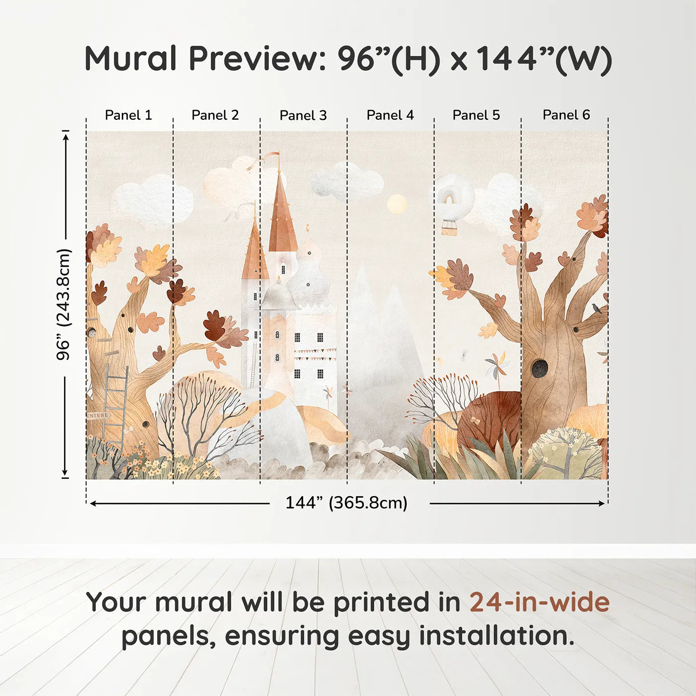 Whimsy Tots Autumn Castle Wall Muraldimension view (96" H x 144" W). Printed in six 24-inch-wide panels. Gender-Neutral
