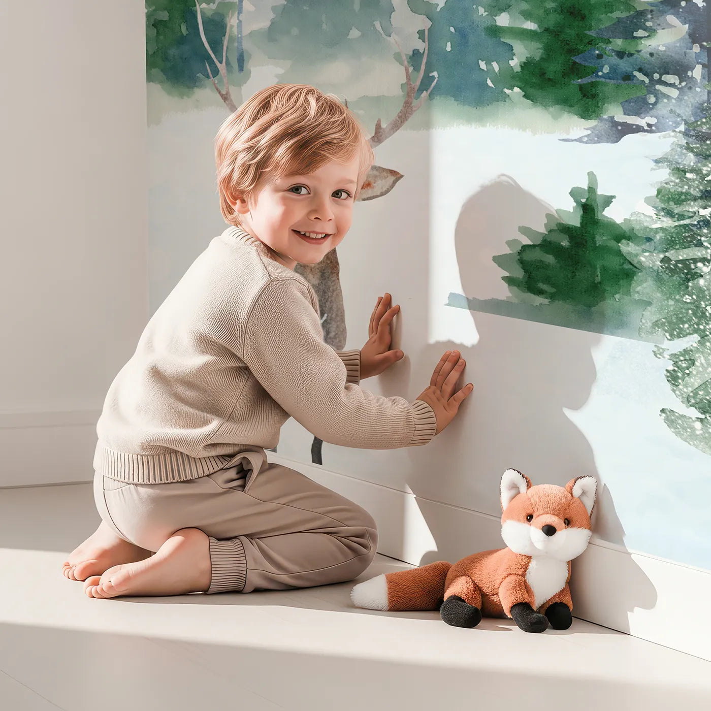 Child in front of Whimsy Tots Sparkling Winter Forest Wall Mural in Blue with winter, snow, forest, tree, sparkle, light, woods, magical in design.