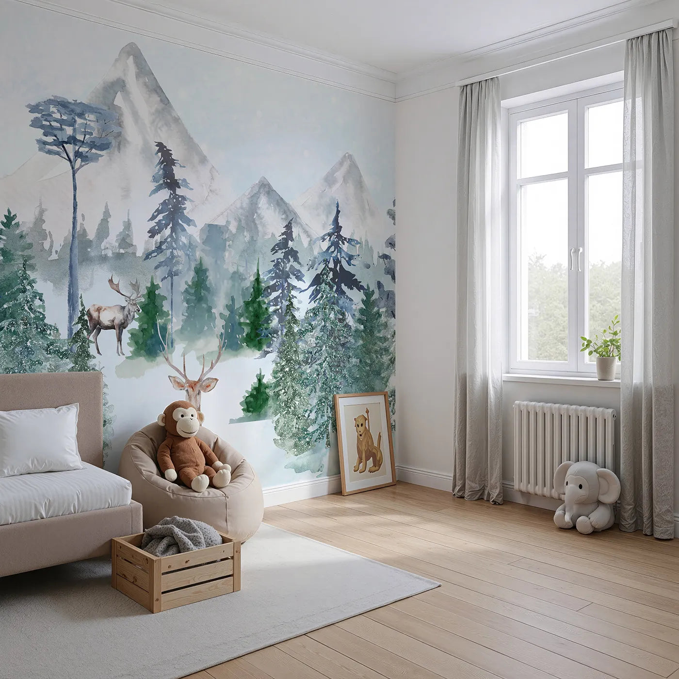 Angled view of Whimsy Tots' Sparkling Winter Forest Wall Mural in Blue (Turn Their Room into a Magical, Snow-Covered Wonderland).Gender-Neutral