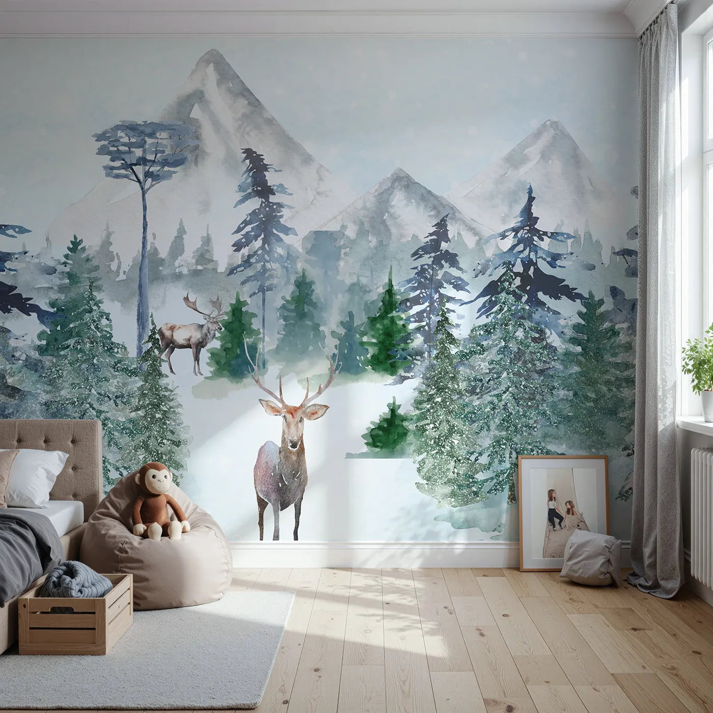Front view of Whimsy Tots' Sparkling Winter Forest Wall Mural in Blue