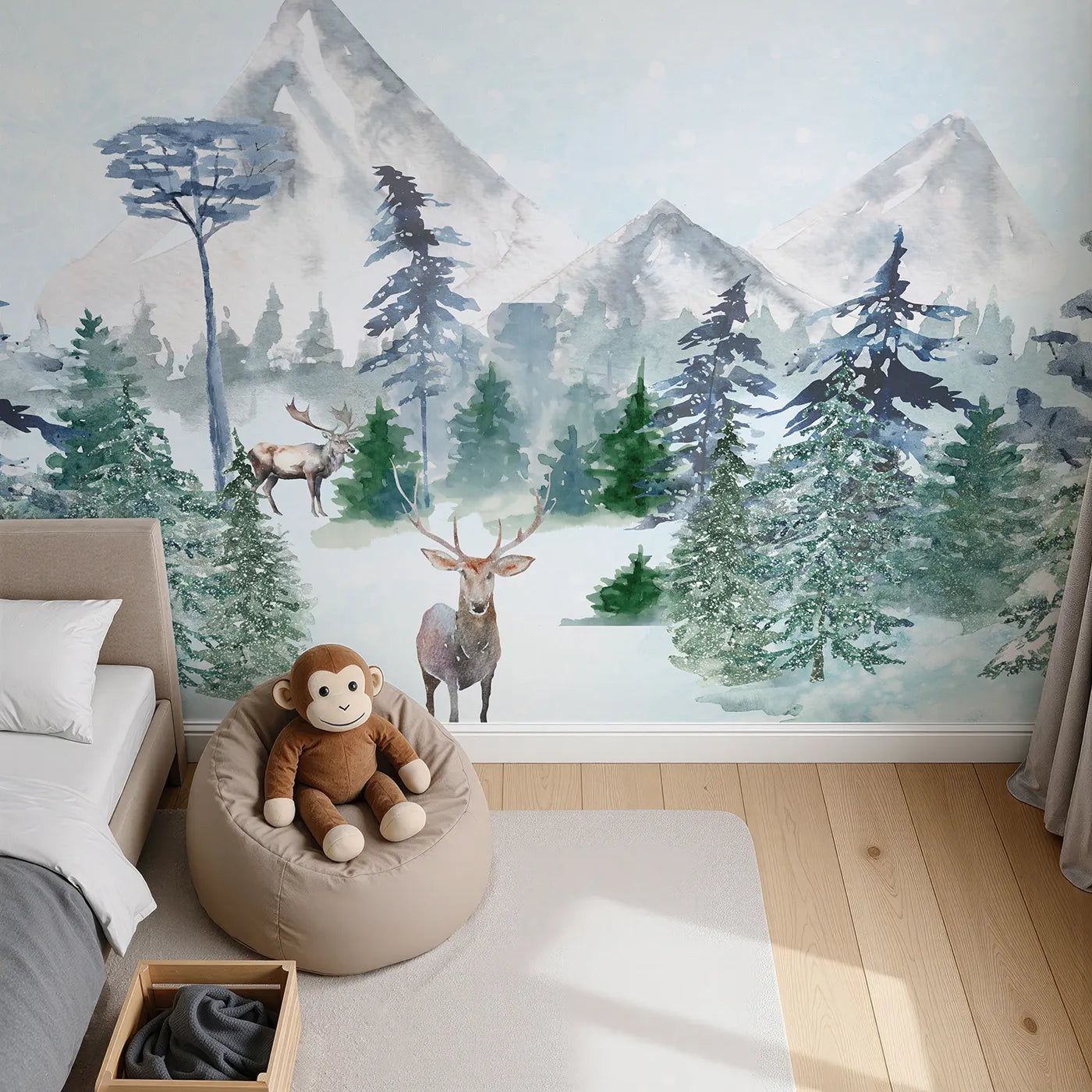 Top-down view of Whimsy Tots' Sparkling Winter Forest Wall Mural in Blue (Turn Their Room into a Magical, Snow-Covered Wonderland).Gender-Neutral