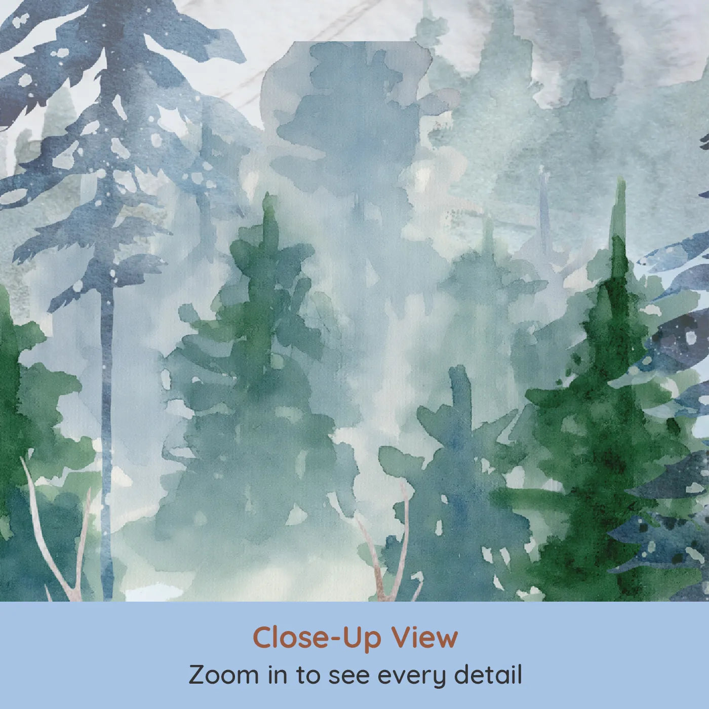 Close-up view of Whimsy Tots' Sparkling Winter Forest Wall Mural in Blue (Turn Their Room into a Magical, Snow-Covered Wonderland).Gender-Neutral
