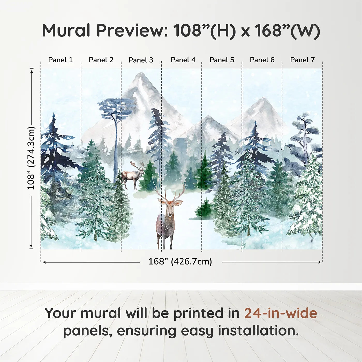 Whimsy Tots Sparkling Winter Forest Wall Mural in Bluedimension view (108" H x 168" W). Printed in seven 24-inch-wide panels. Gender-Neutral