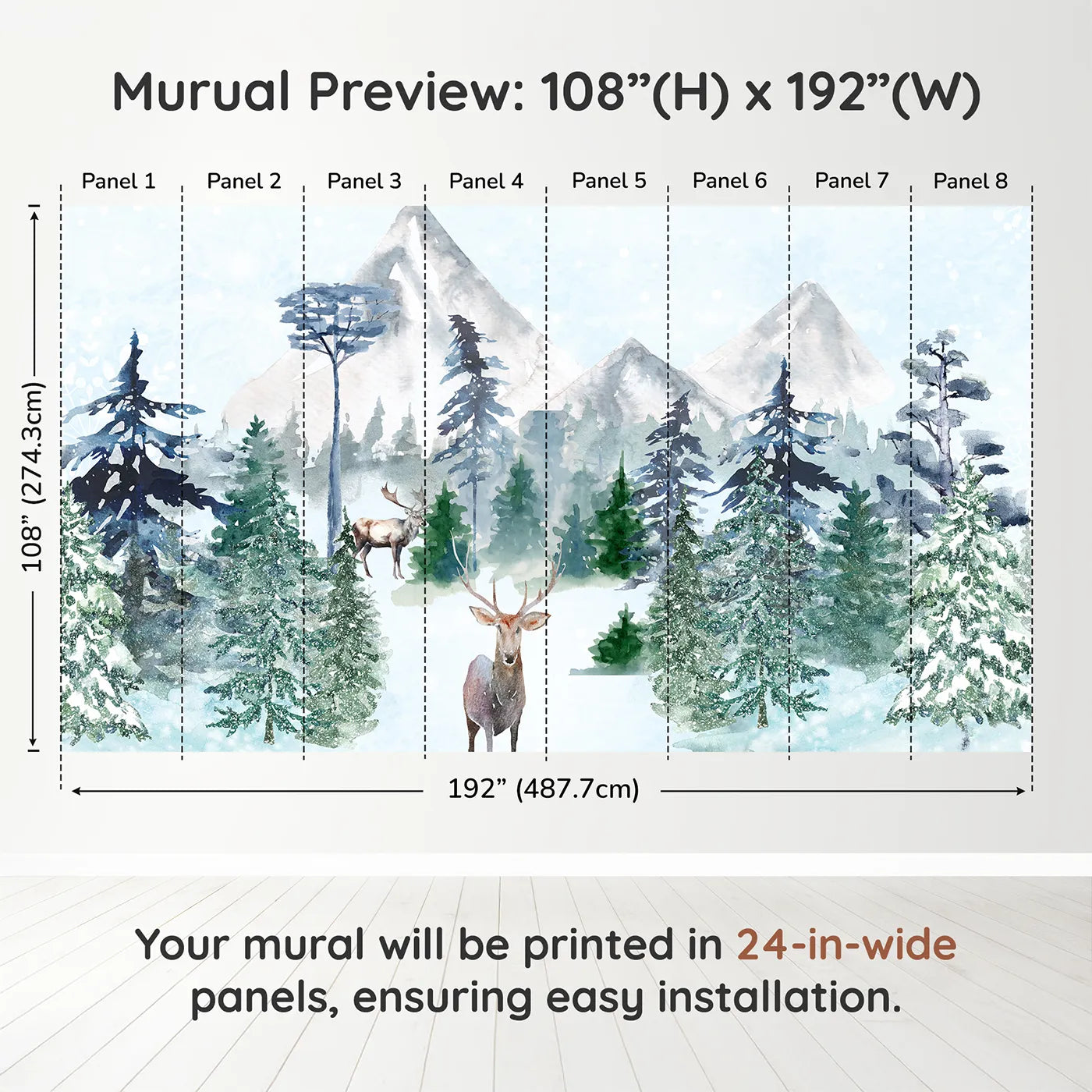 Whimsy Tots Sparkling Winter Forest Wall Mural in Bluedimension view (108" H x 192" W). Printed in eight 24-inch-wide panels. Gender-Neutral