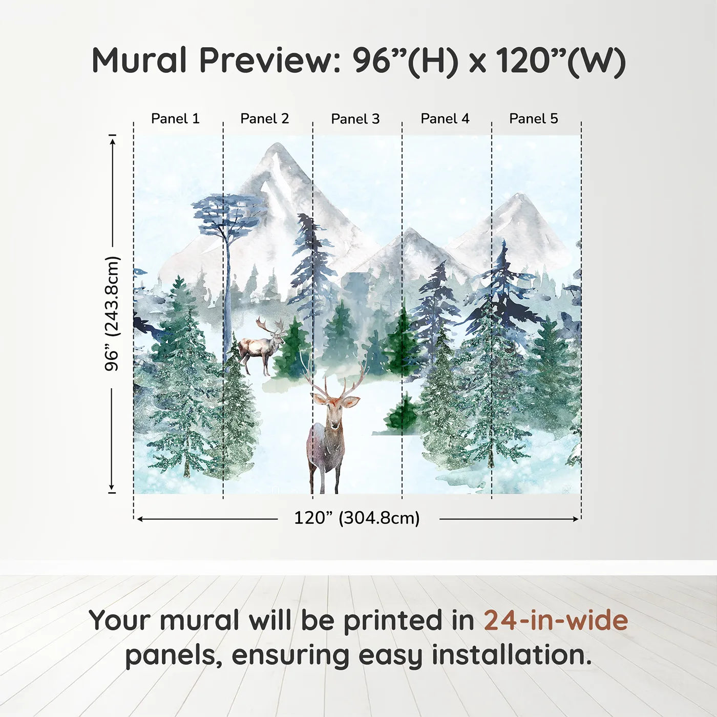 Whimsy Tots Sparkling Winter Forest Wall Mural in Bluedimension view (96" H x 120" W). Printed in five 24-inch-wide panels. Gender-Neutral
