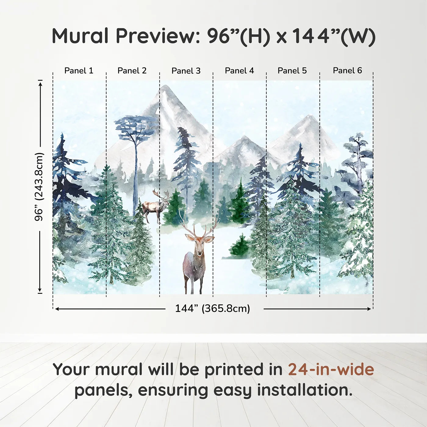 Whimsy Tots Sparkling Winter Forest Wall Mural in Bluedimension view (96" H x 144" W). Printed in six 24-inch-wide panels. Gender-Neutral