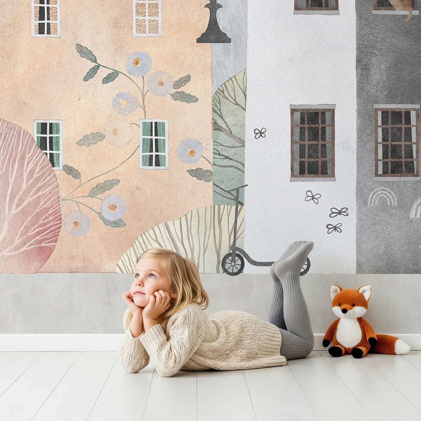 Child in front of Whimsy Tots Home Sweet Home Street Wall Mural with town, house, watercolor, rustic, village, european, brown, cozy in design.