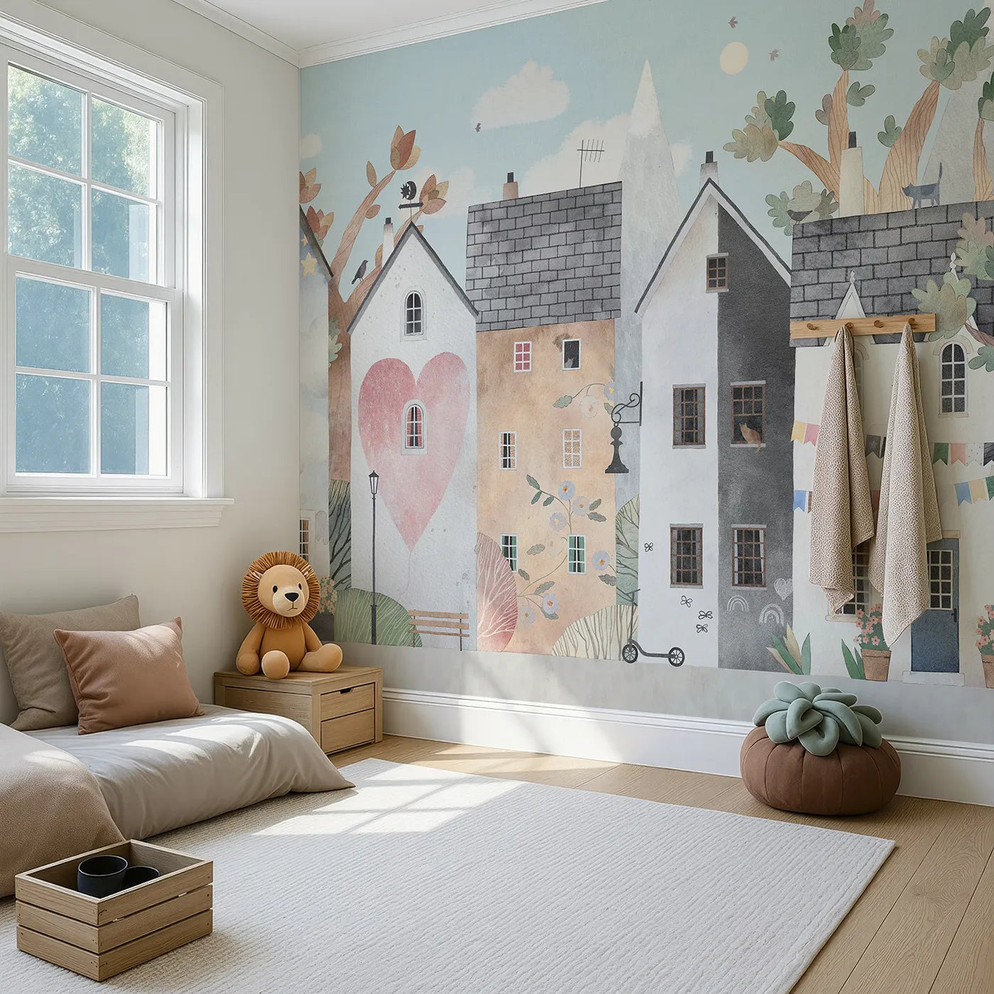 Angled view of Whimsy Tots' Home Sweet Home Street Wall Mural (Turn Their Room into the Sweetest, Most Charming Village).Gender-Neutral