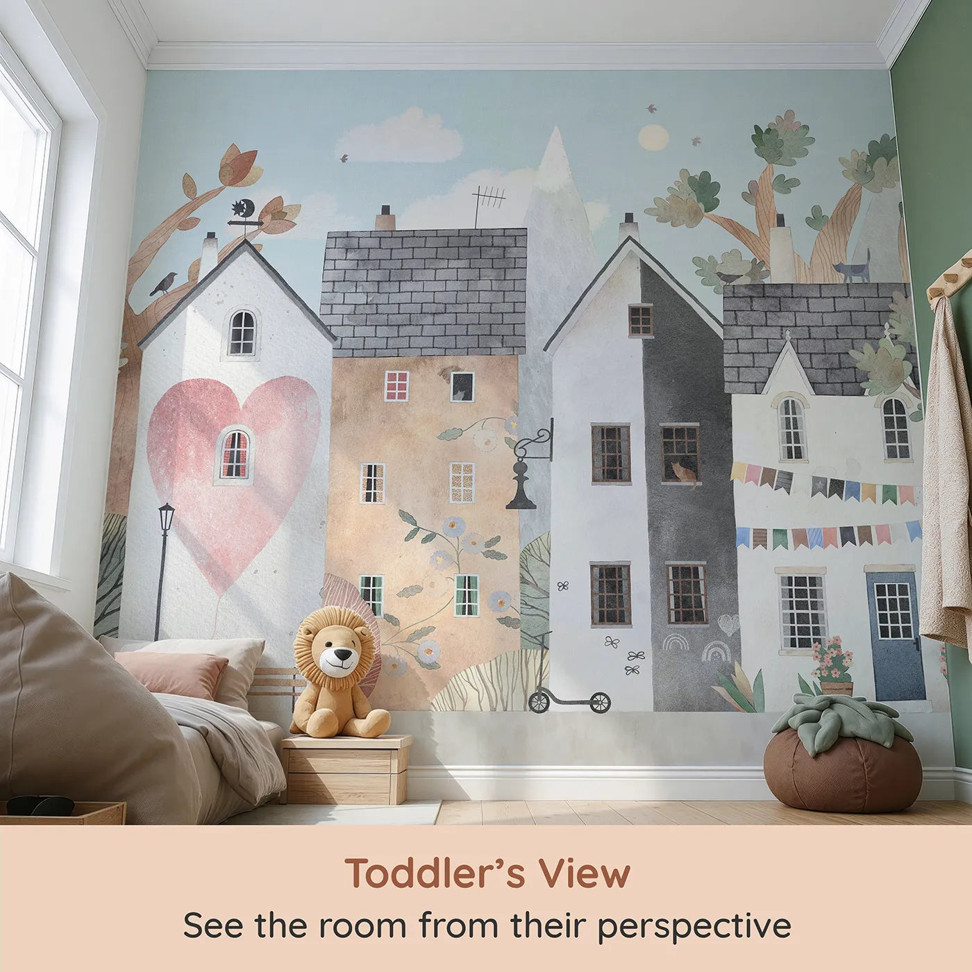Whimsy Tots Home Sweet Home Street Wall Mural (Turn Their Room into the Sweetest, Most Charming Village) from your child's view.Gender-Neutral