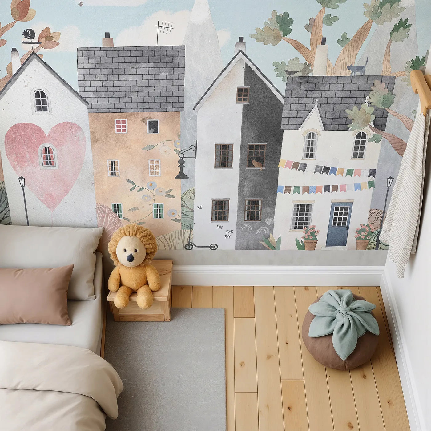 Top-down view of Whimsy Tots' Home Sweet Home Street Wall Mural (Turn Their Room into the Sweetest, Most Charming Village).Gender-Neutral