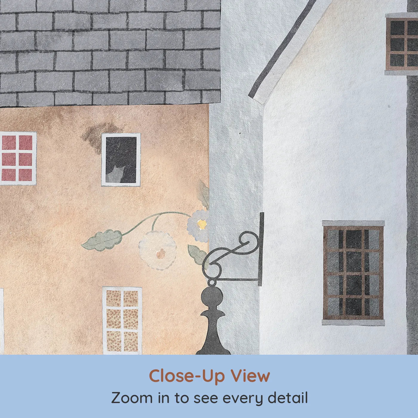 Close-up view of Whimsy Tots' Home Sweet Home Street Wall Mural (Turn Their Room into the Sweetest, Most Charming Village).Gender-Neutral