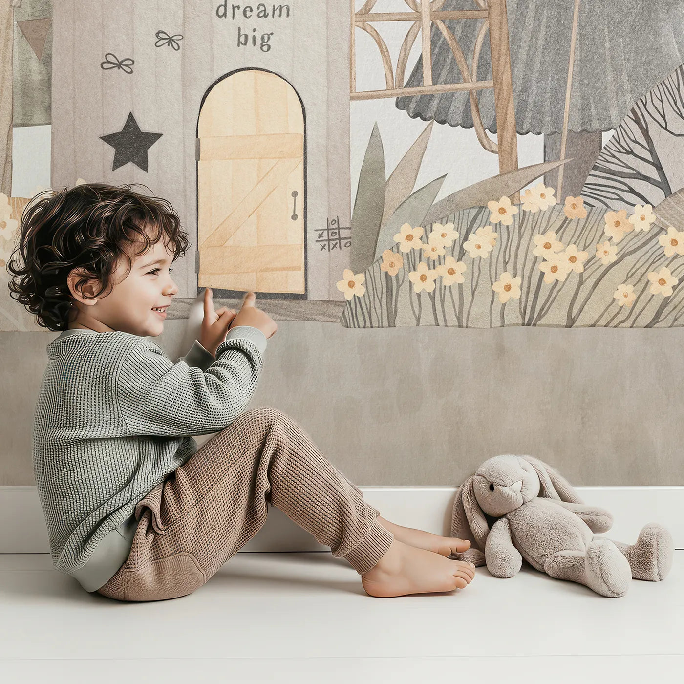 Child in front of Whimsy Tots Dream Big Treehouse Wall Mural with treehouse, whimsical, watercolor, adventure, dream big, neutral, cute, forest in design.