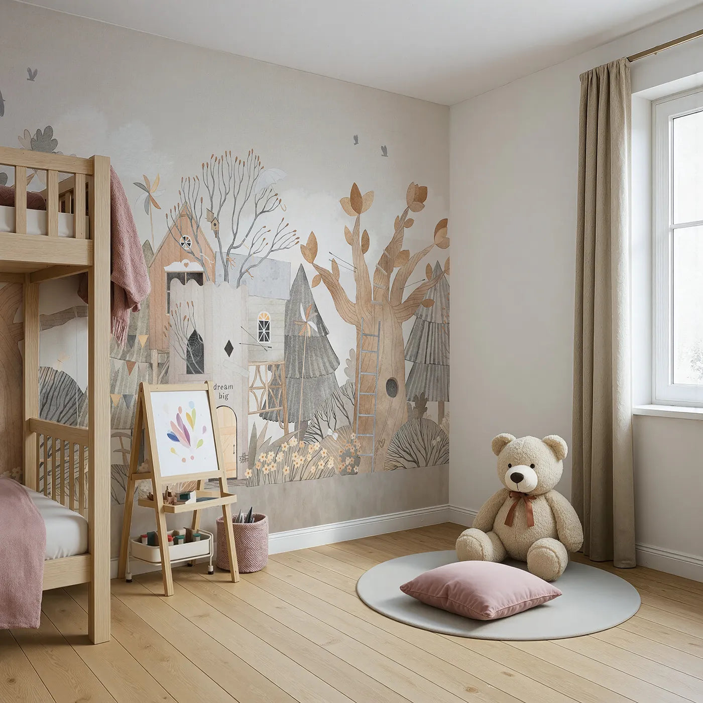 Angled view of Whimsy Tots' Dream Big Treehouse Wall Mural (Turn Their Room into the Ultimate Treetop Hideout).Gender-Neutral