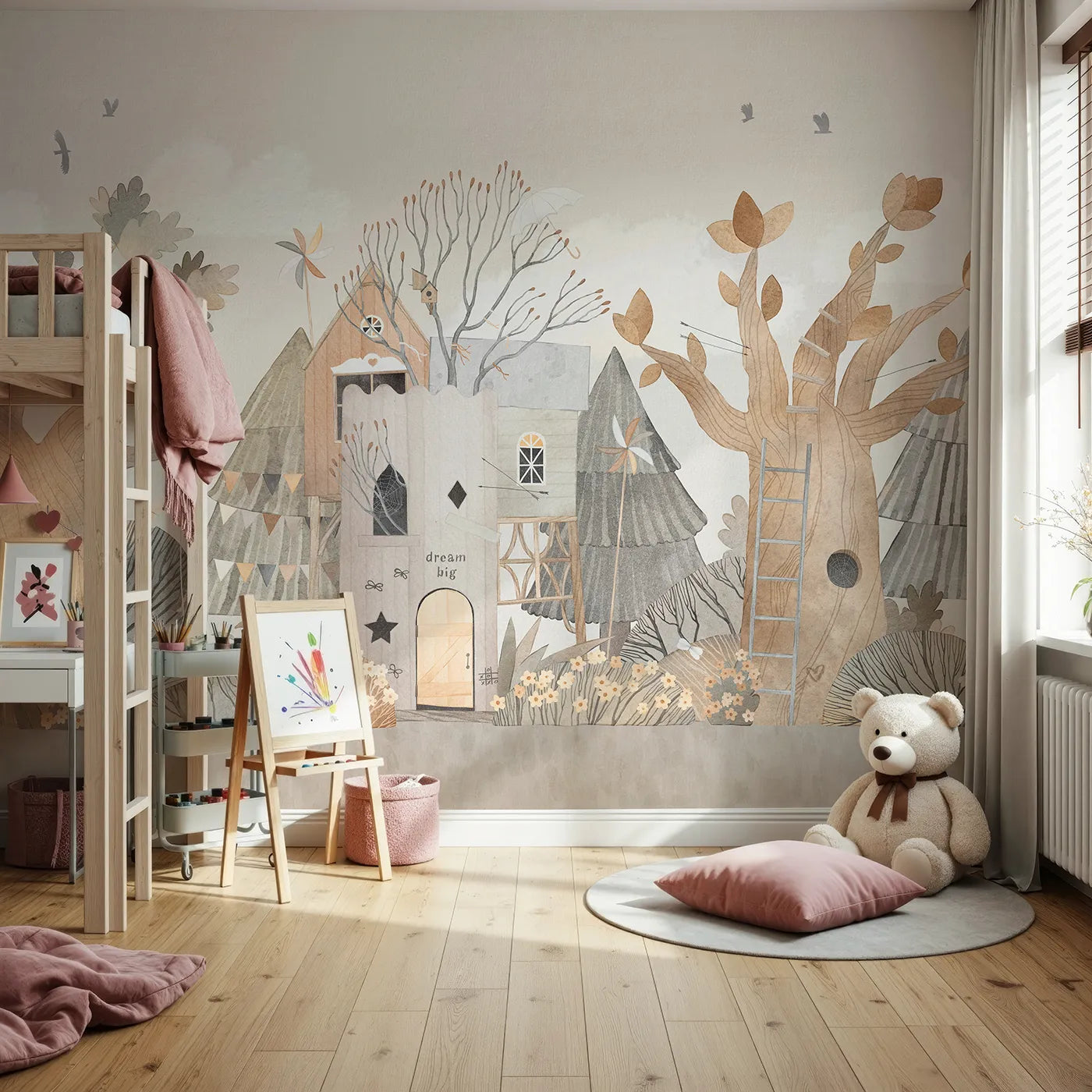 Front view of Whimsy Tots' Dream Big Treehouse Wall Mural