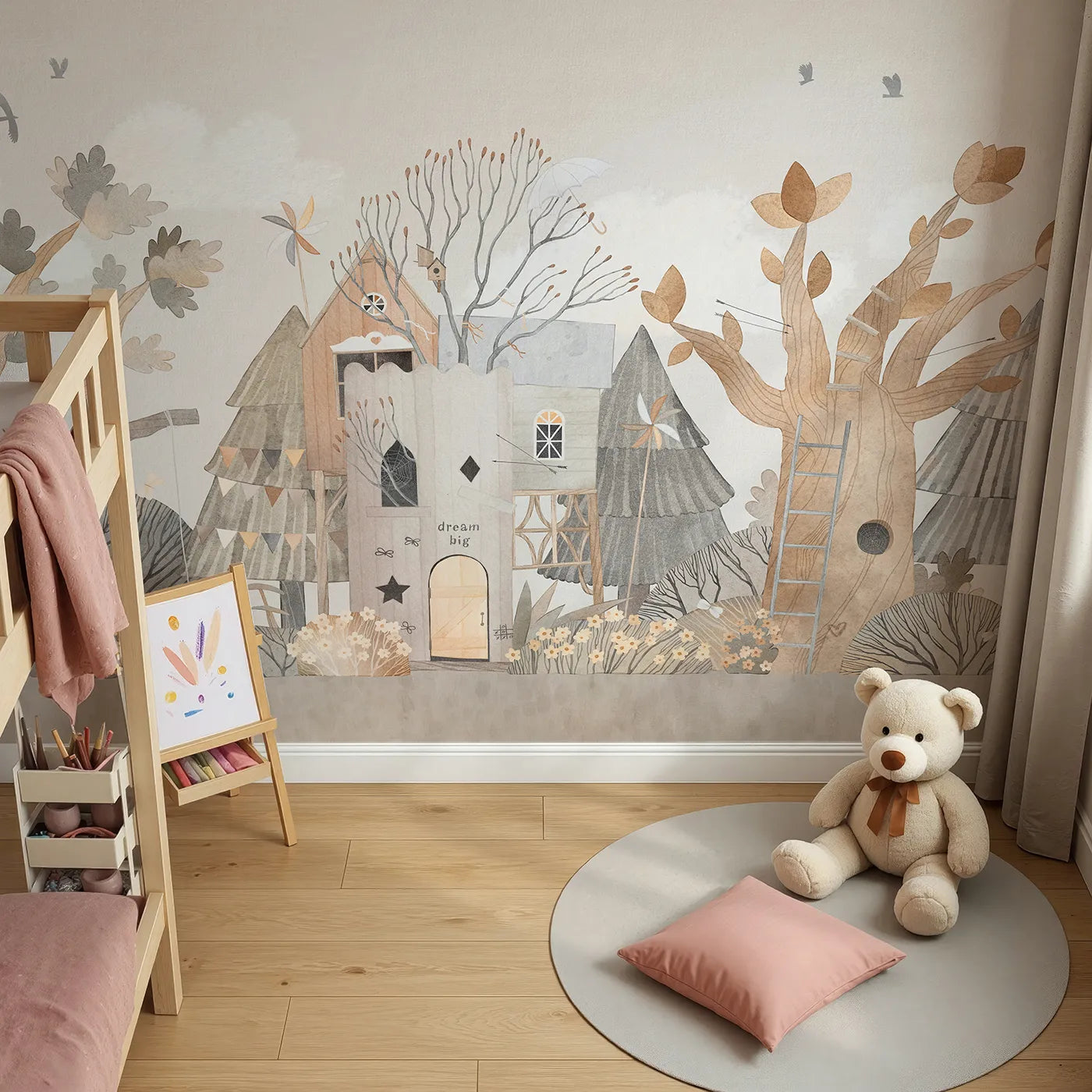 Top-down view of Whimsy Tots' Dream Big Treehouse Wall Mural (Turn Their Room into the Ultimate Treetop Hideout).Gender-Neutral