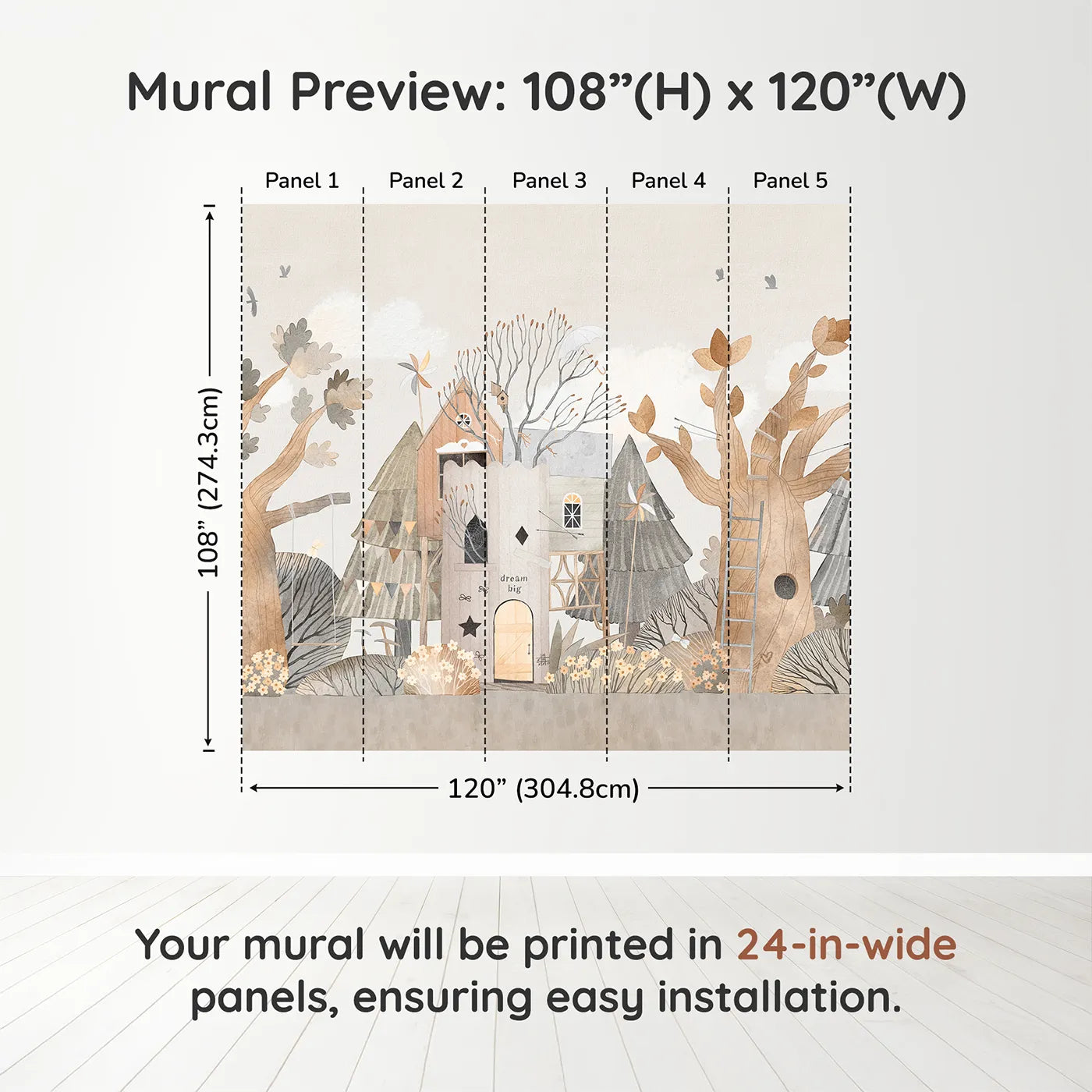 Whimsy Tots Dream Big Treehouse Wall Muraldimension view (108" H x 120" W). Printed in five 24-inch-wide panels. Gender-Neutral