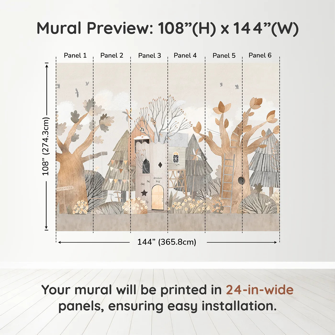 Whimsy Tots Dream Big Treehouse Wall Muraldimension view (108" H x 144" W). Printed in six 24-inch-wide panels. Gender-Neutral