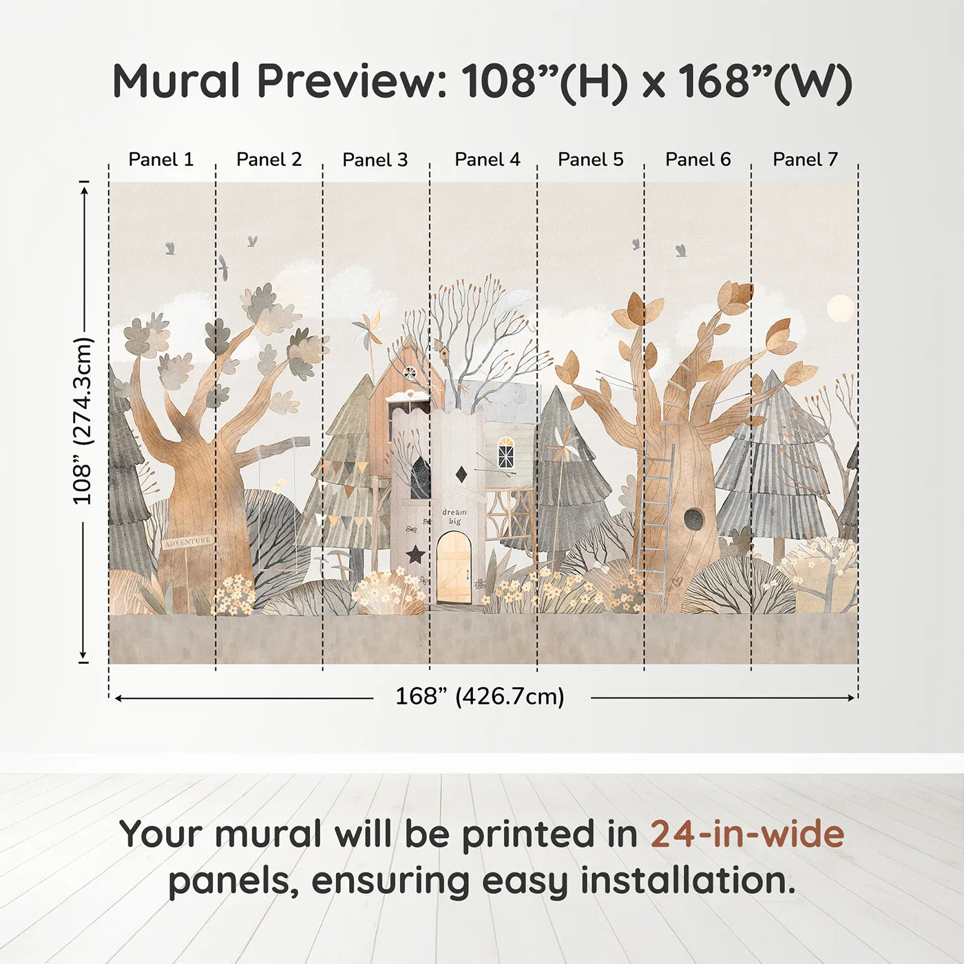 Whimsy Tots Dream Big Treehouse Wall Muraldimension view (108" H x 168" W). Printed in seven 24-inch-wide panels. Gender-Neutral