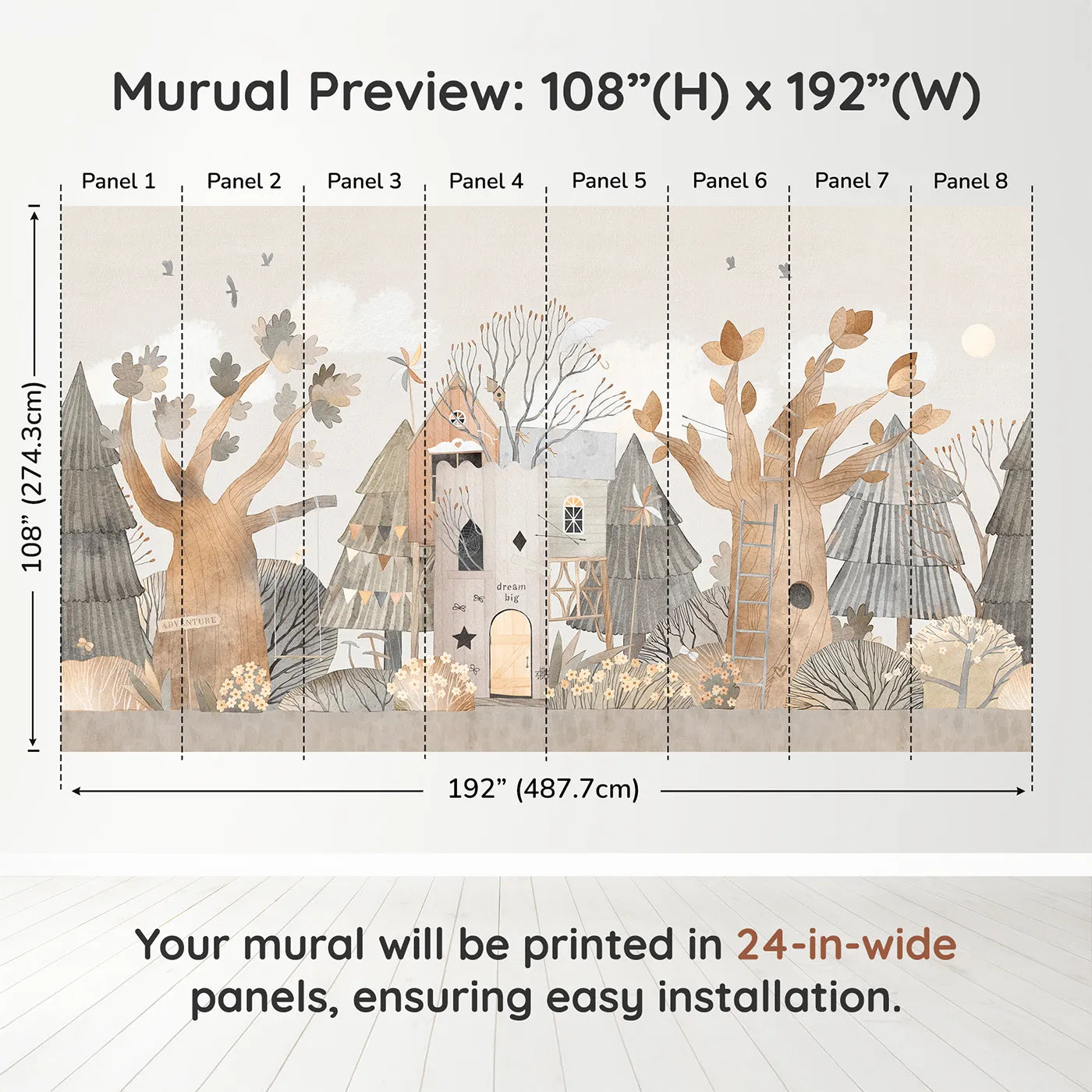 Whimsy Tots Dream Big Treehouse Wall Muraldimension view (108" H x 192" W). Printed in eight 24-inch-wide panels. Gender-Neutral