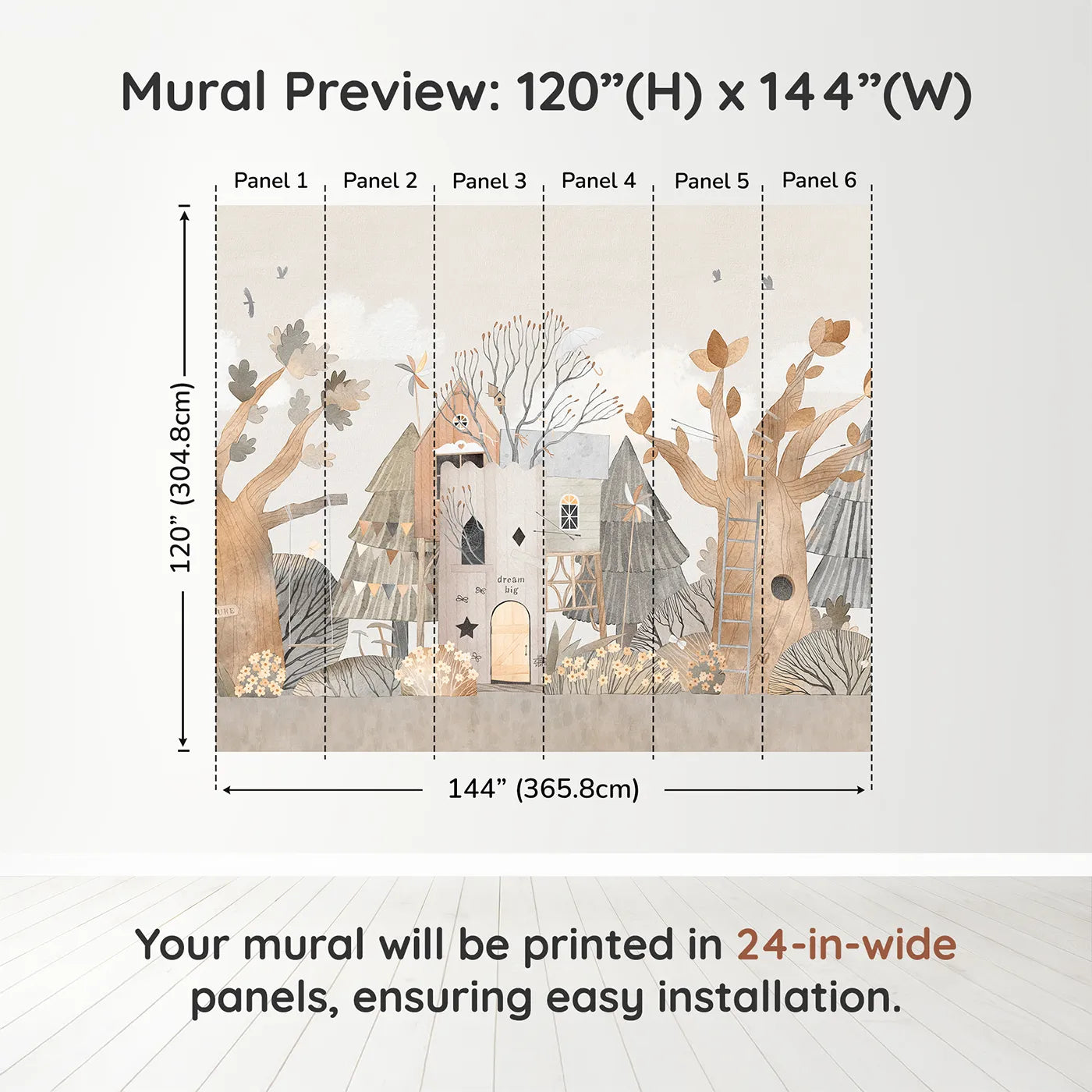 Whimsy Tots Dream Big Treehouse Wall Muraldimension view (120" H x 144" W). Printed in six 24-inch-wide panels. Gender-Neutral