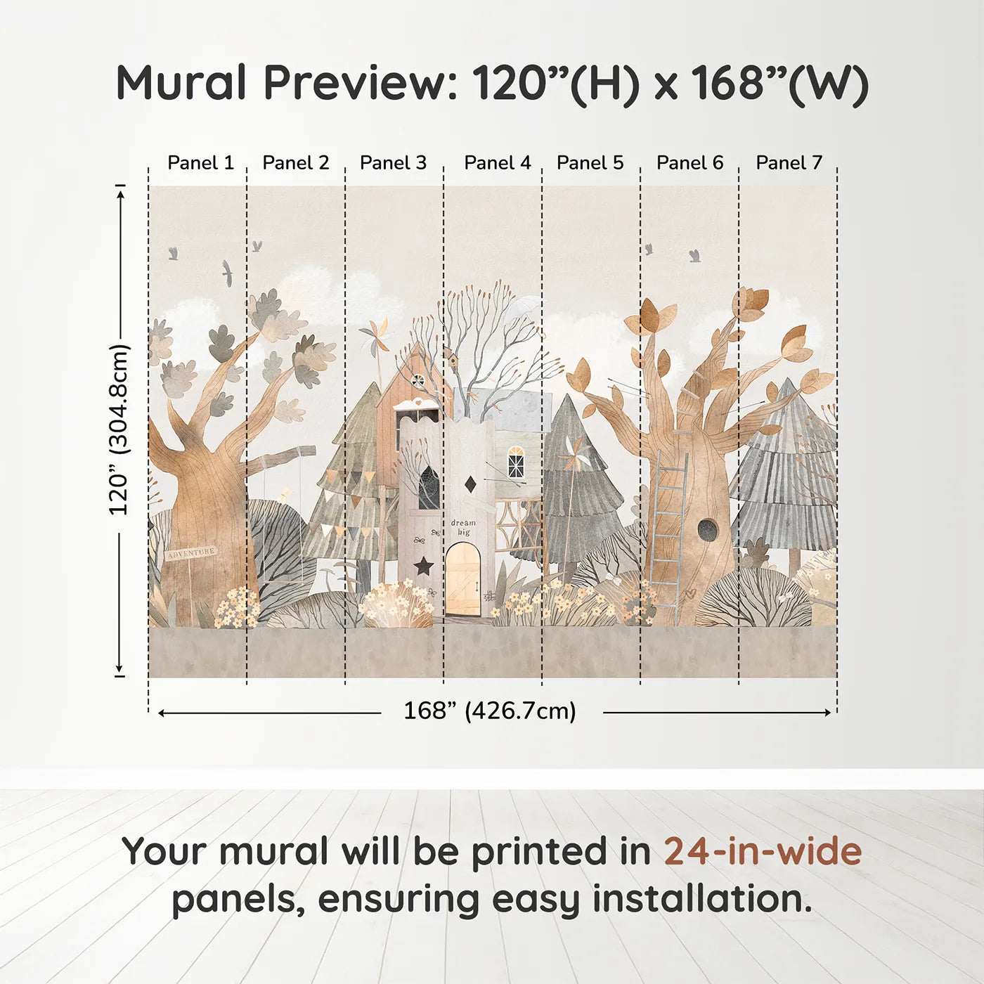 Whimsy Tots Dream Big Treehouse Wall Muraldimension view (120" H x 168" W). Printed in seven 24-inch-wide panels. Gender-Neutral