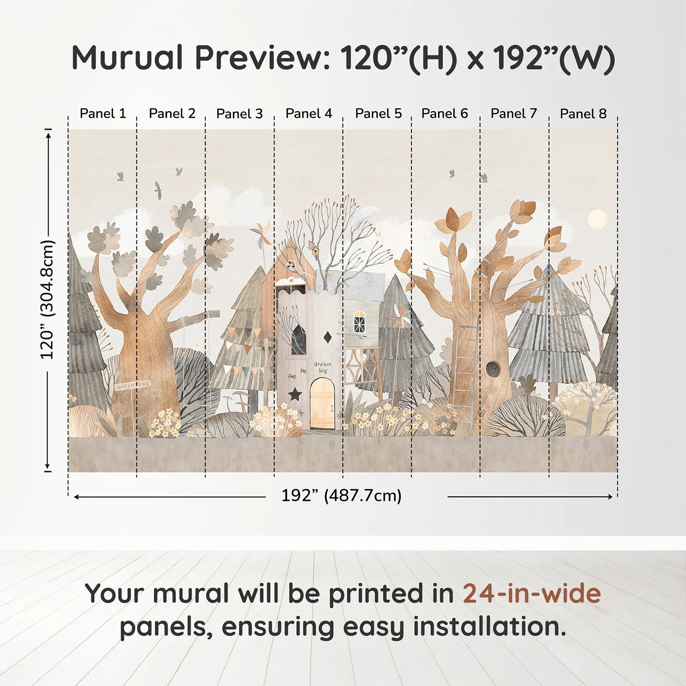 Whimsy Tots Dream Big Treehouse Wall Muraldimension view (120" H x 192" W). Printed in eight 24-inch-wide panels. Gender-Neutral
