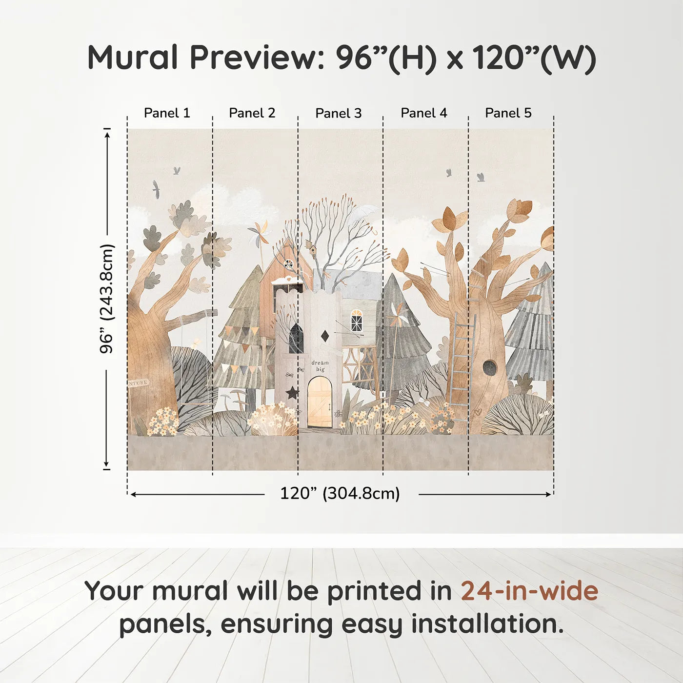 Whimsy Tots Dream Big Treehouse Wall Muraldimension view (96" H x 120" W). Printed in five 24-inch-wide panels. Gender-Neutral