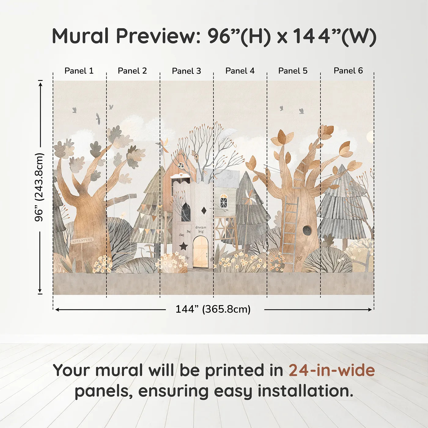 Whimsy Tots Dream Big Treehouse Wall Muraldimension view (96" H x 144" W). Printed in six 24-inch-wide panels. Gender-Neutral