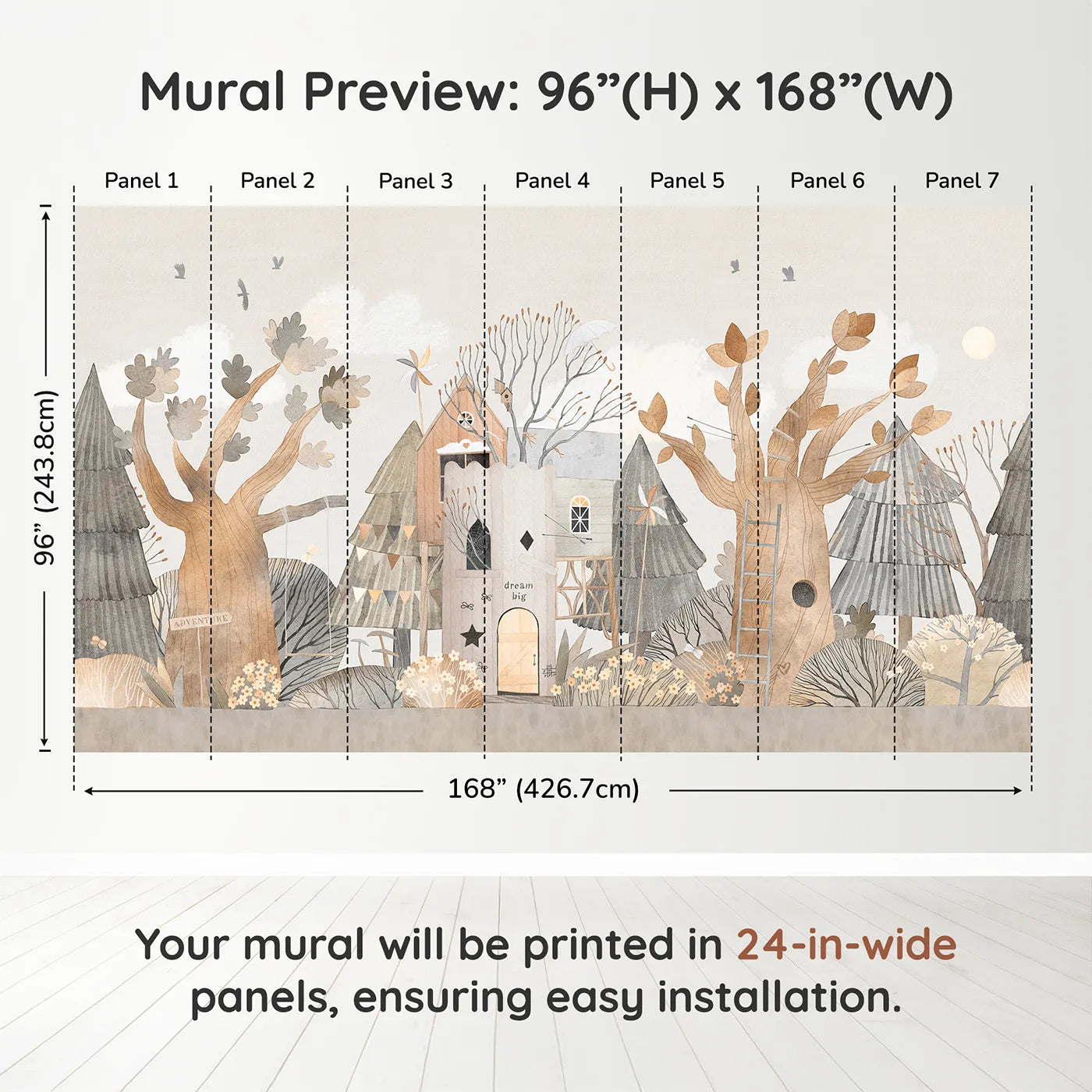 Whimsy Tots Dream Big Treehouse Wall Muraldimension view (96" H x 168" W). Printed in seven 24-inch-wide panels. Gender-Neutral